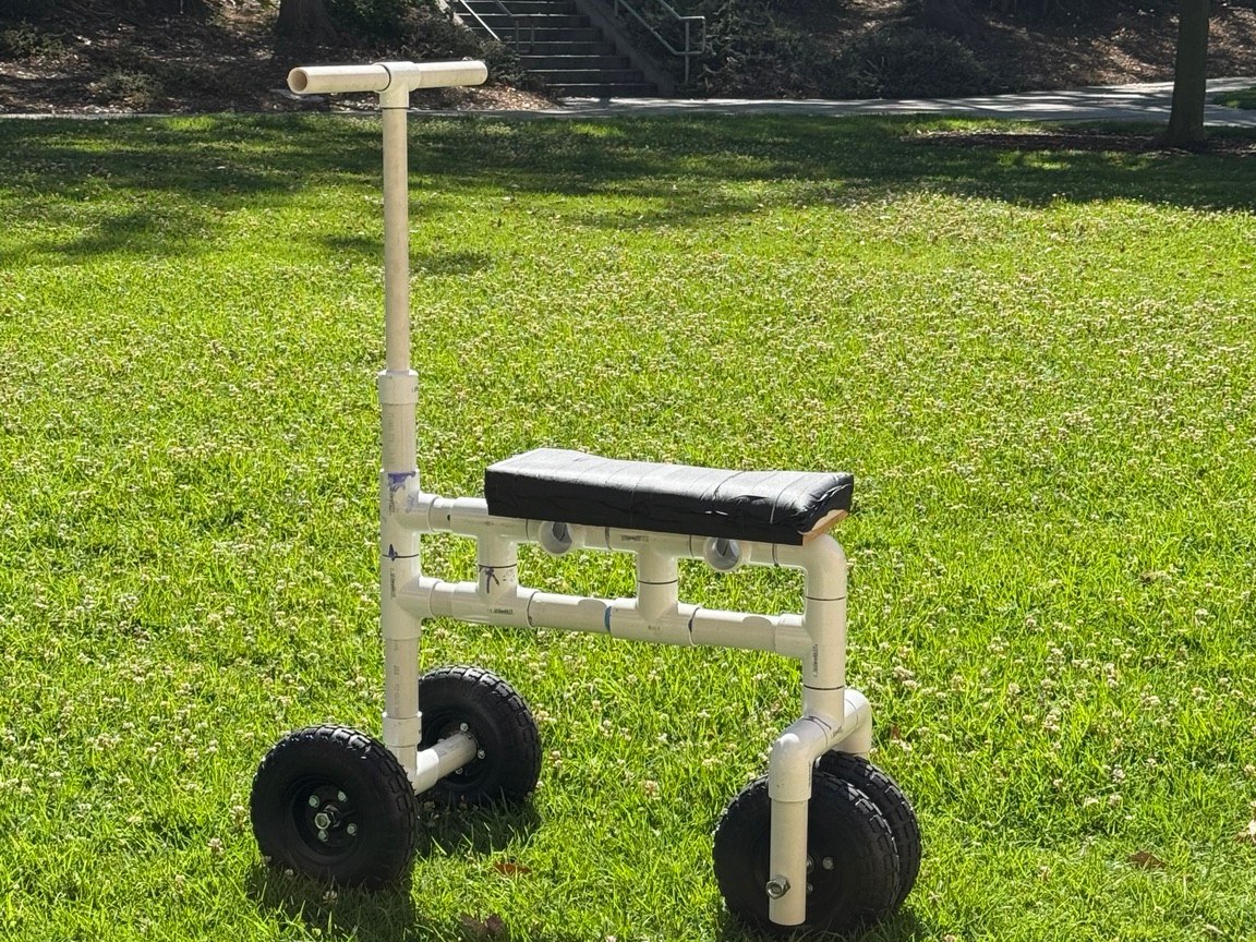 Completed white PVC knee scooter outdoors